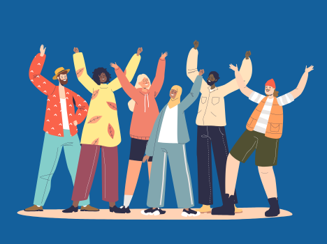 Illustration of a diverse group waving at the viewer.