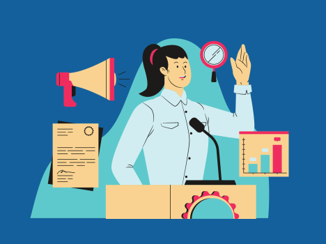 Illustration of a spokesperson, at a booth and microphone, surrounded by analytics, documentation and a microphone.