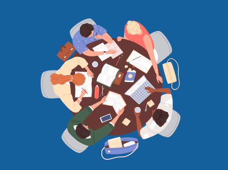 Illustration from a top-down view of a round table with people coordinating and working with one another with various implements like laptops and books.