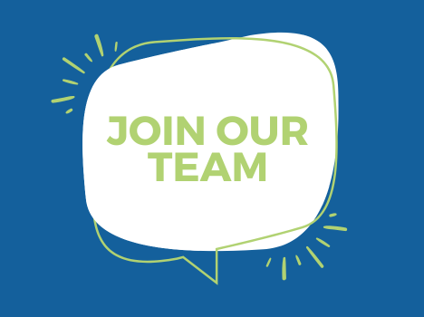 Illustration saying 'Join Our Team', written in green text, within a white bubble, backdrop is a dark blue.