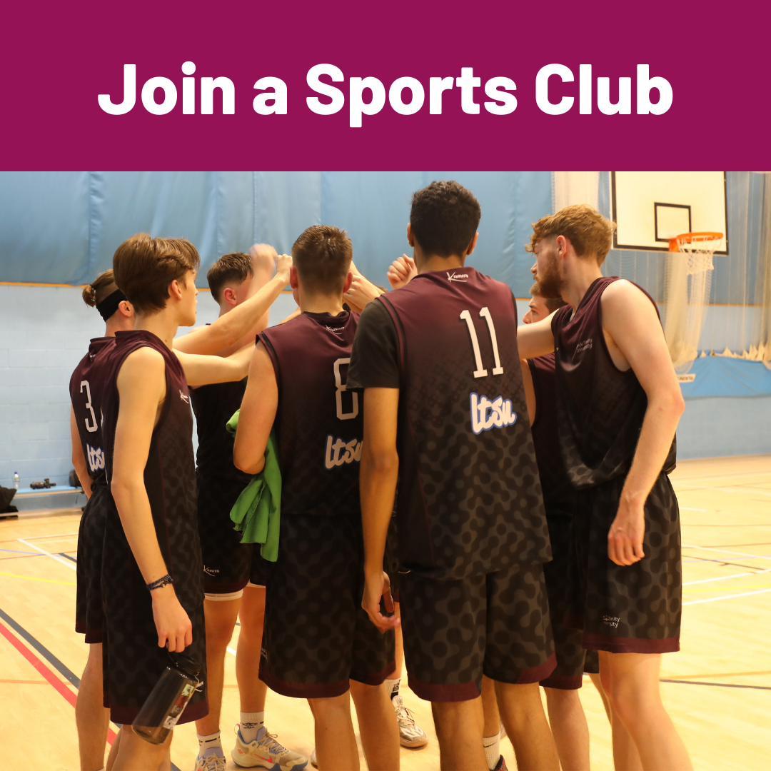 Image of a team interlocked with one another in a huddle, wearing sport attire with their numbers shown on their shirts.