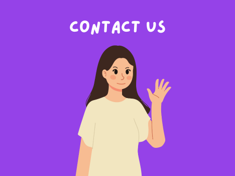 A girl waving with the words Contact us displayed above