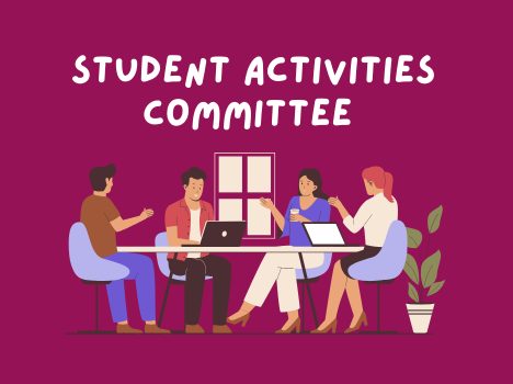 Student Activities Committee text and an illustration underneath text of a group sat at a table looking at a whiteboard