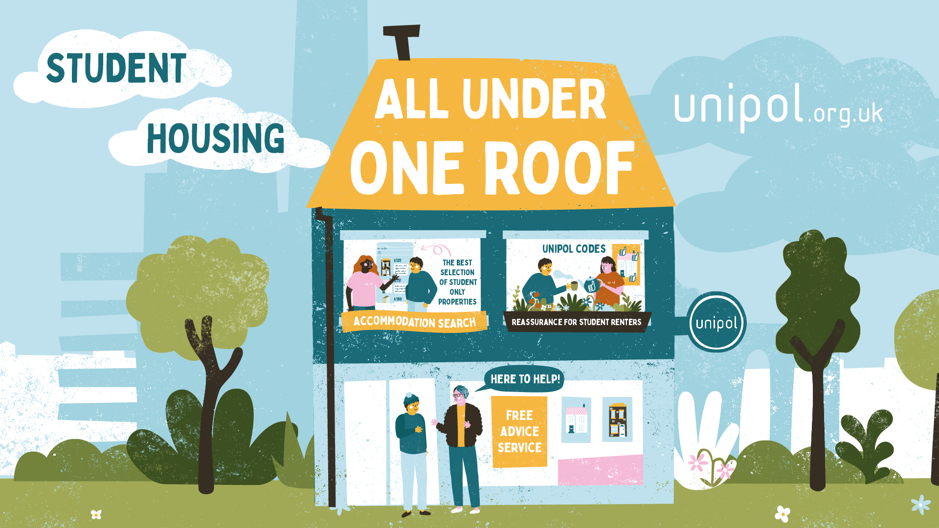 Image of a house with a view of each of the rooms with various people living there. The roof has the statement 'All under one roof', with clouds saying 'Student Housing'.