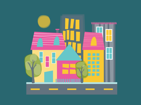 Illustration of a street with trees, behind them various colourful housing with a teal background.
