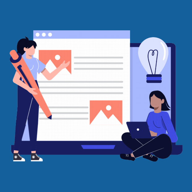 Illustration with a text page with pictures, with one person holding a large pen and another sitting with a laptop and a lightbulb above their head, with a blue backdrop.