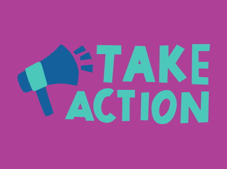 Illustration of a microphone, shouting 'Take Action'