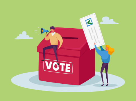 Illustration of a large red voting box, with a person putting a large envelope into the box, and another sitting on the voting box with a speaker.