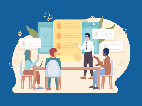 Illustration of a meeting, with several people commenting and putting their own input in a concept.