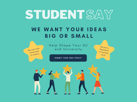 Image of people collaborating, putting stars together. There is text saying 'Student Say, We want your Ideas Big Or Small. Submit your Idea today!'